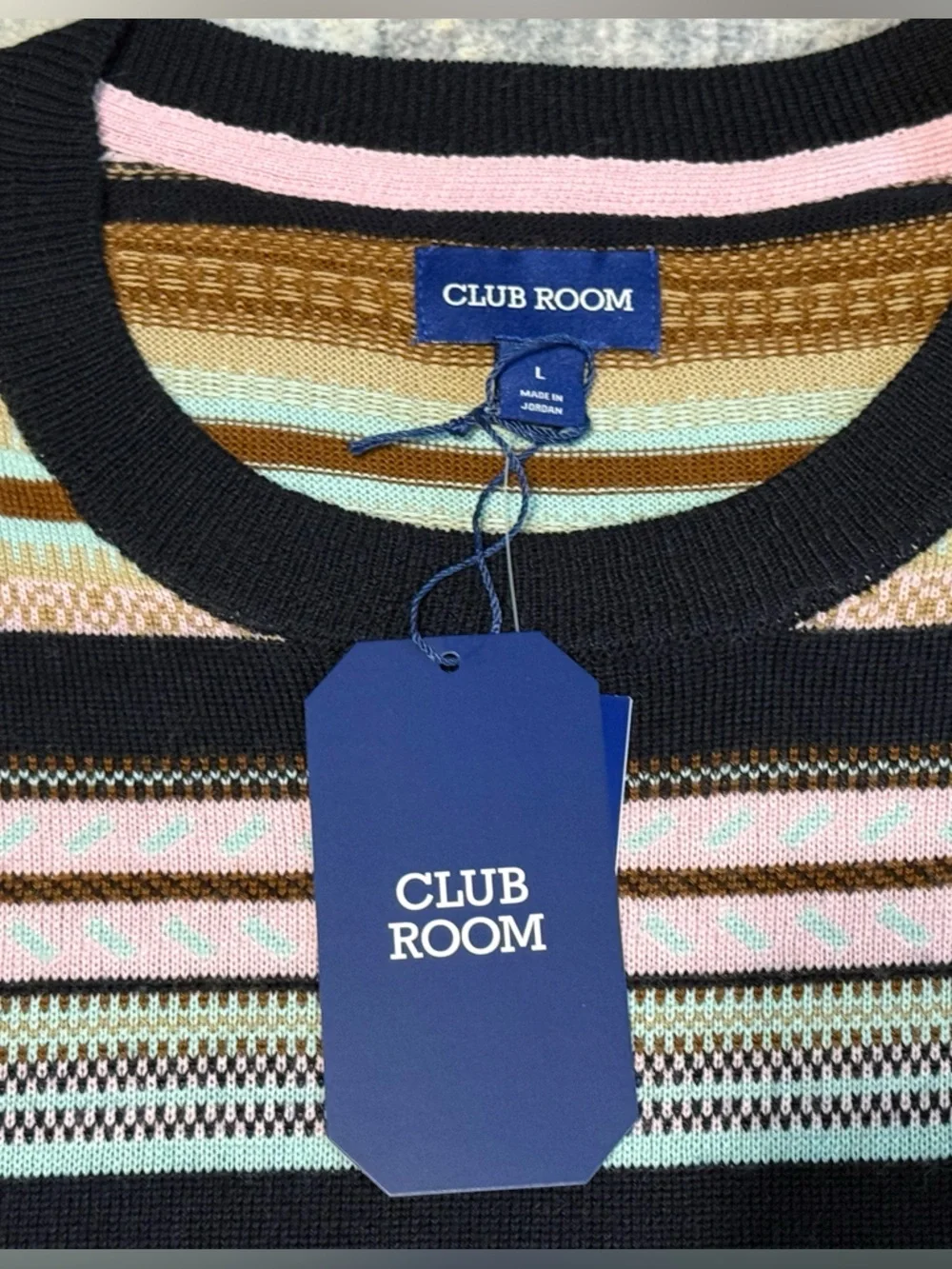 Club Room Men’s Multi-Striped Crewneck Sweater - Black & Pastel Stripes Size L